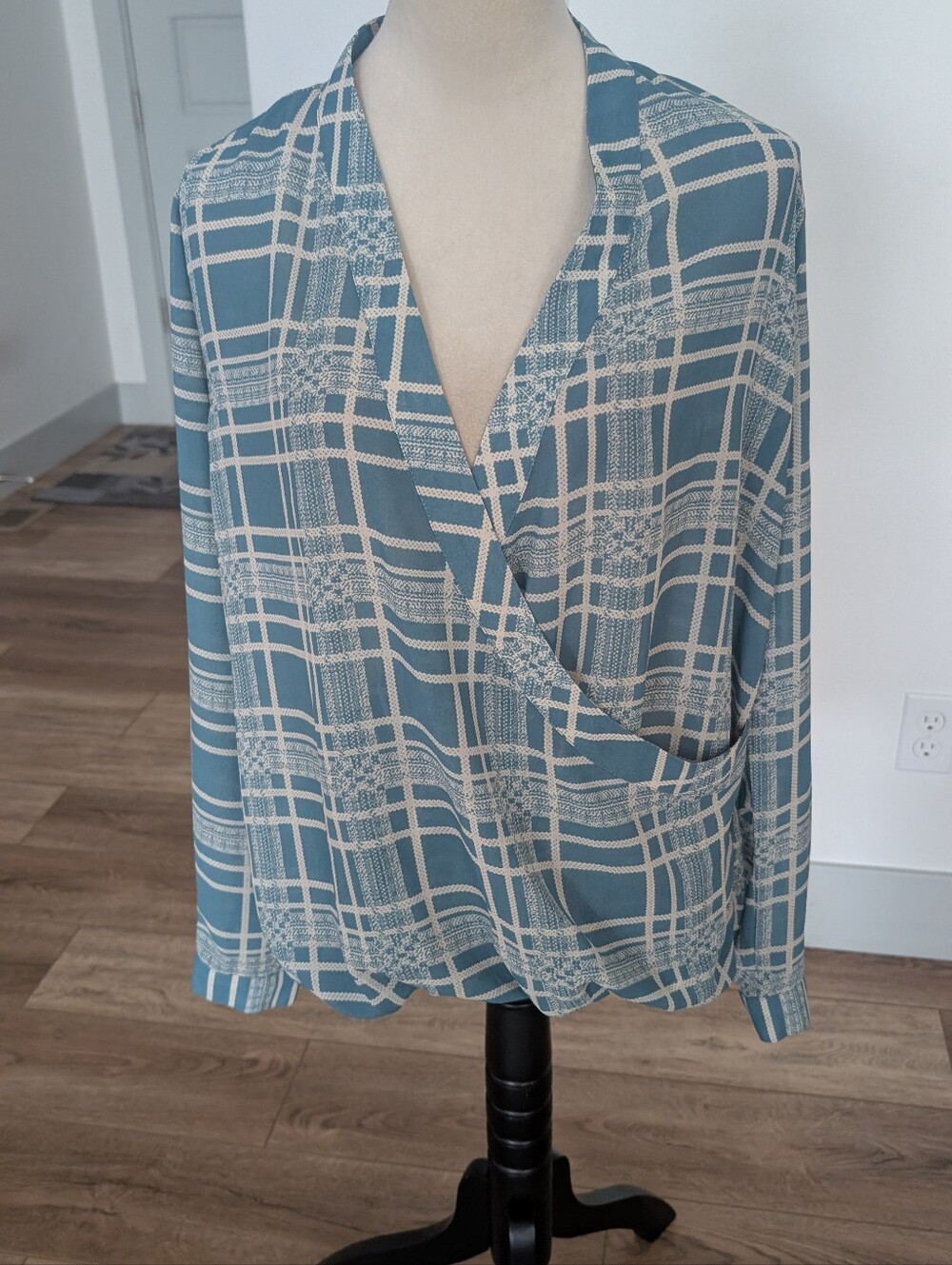 CAbi Teal and Cream Plaid Wrap-Style Blouse